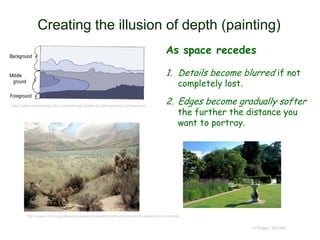 Creating the illusion of depth (painting)
As space recedes
1. Details become blurred if not
completely lost.
2. Edges become gradually softer
the further the distance you
want to portray.
© Project SOUND
http://www.celebratingcolor.com/ultimate-guide-for-atmospheric-perspective/
http://www.nhm.org/site/explore-exhibits/permanent-exhibits/north-american-mammals
 