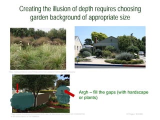 Creating the illusion of depth requires choosing
garden background of appropriate size
© Project SOUNDhttps://www.homebay.com/property/9-Lilac-St-Monterey-CA-93940-5413/55539799-
4160-492e-9cc5-7c7c018969c4
https://www.pinterest.com/Vitexlucens/new-zealand-native-garden-designs/
Argh – fill the gaps (with hardscape
or plants)
 