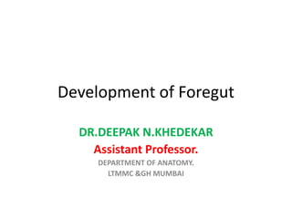 Development of Foregut
DR.DEEPAK N.KHEDEKAR
Assistant Professor.
DEPARTMENT OF ANATOMY.
LTMMC &GH MUMBAI
 