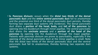 • b. Pancreas divisum: occurs when the distal two thirds of the dorsal
pancreatic duct and the entire ventral pancreatic duct fail to anastomose
and the proximal one third of the dorsal pancreatic duct persists, thereby
forming two separate duct systems (4% incidence). The dorsal pancreatic
duct drains a portion of the head, body, and tail of the pancreas by
opening into the duodenum through minor papillae. The ventral pancreatic
duct drains the uncinate process and a portion of the head of the
pancreas by opening into the duodenum through the major papillae.
Patients with pancreas divisum are prone to pancreatitis, especially if the
opening of the dorsal pancreatic duct at the minor papillae is small. Note
that the distal two thirds of the dorsal pancreatic duct and the ventral
pancreatic bud fail to anastomose, thereby forming two separate duct
systems.
 