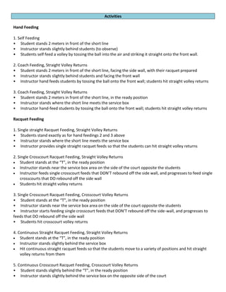 Activities
Hand Feeding
1. Self Feeding
• Student stands 2 meters in front of the short line
• Instructor stands slightly behind students (to observe)
• Students self feed a volley by tossing the ball into the air and striking it straight onto the front wall.
2. Coach Feeding, Straight Volley Returns
• Student stands 2 meters in front of the short line, facing the side wall, with their racquet prepared
• Instructor stands slightly behind students and facing the front wall
• Instructor hand feeds students by tossing the ball onto the front wall; students hit straight volley returns
3. Coach Feeding, Straight Volley Returns
• Student stands 2 meters in front of the short line, in the ready position
• Instructor stands where the short line meets the service box
• Instructor hand-feed students by tossing the ball onto the front wall; students hit straight volley returns
Racquet Feeding
1. Single straight Racquet Feeding, Straight Volley Returns
• Students stand exactly as for hand feedings 2 and 3 above
• Instructor stands where the short line meets the service box
• Instructor provides single straight racquet feeds so that the students can hit straight volley returns
2. Single Crosscourt Racquet Feeding, Straight Volley Returns
 Student stands at the “T”, in the ready position
 Instructor stands near the service box area on the side of the court opposite the students
 Instructor feeds single crosscourt feeds that DON’T rebound off the side wall, and progresses to feed single
crosscourts that DO rebound off the side wall
 Students hit straight volley returns
3. Single Crosscourt Racquet Feeding, Crosscourt Volley Returns
• Student stands at the “T”, in the ready position
• Instructor stands near the service box area on the side of the court opposite the students
• Instructor starts feeding single crosscourt feeds that DON’T rebound off the side-wall, and progresses to
feeds that DO rebound off the side wall
• Students hit crosscourt volley returns
4. Continuous Straight Racquet Feeding, Straight Volley Returns
 Student stands at the “T”, in the ready position
 Instructor stands slightly behind the service box
 Hit continuous straight racquet feeds so that the students move to a variety of positions and hit straight
volley returns from them
5. Continuous Crosscourt Racquet Feeding, Crosscourt Volley Returns
• Student stands slightly behind the “T”, in the ready position
• Instructor stands slightly behind the service box on the opposite side of the court
 