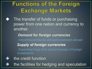  The transfer of funds or purchasing
power from one nation and currency to
another.
Demand for foreign currencies
-Import/expenditures abroad/investment abroad
Supply of foreign currencies
-Export/earnings from tourism/receipt of foreign
investments
 the credit function
 the facilities for hedging and speculation
 