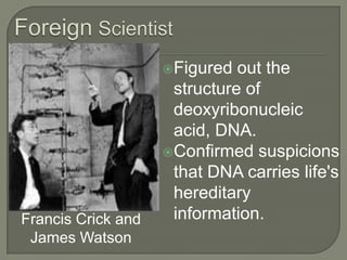 Foreign ScientistFigured out the structure of deoxyribonucleic acid, DNA.Confirmed suspicions that DNA carries life's hereditary information.