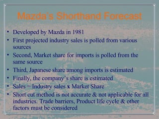 Mazda’s Shorthand Forecast Developed by Mazda in 1981 First projected industry sales is polled from various sources Second, Market share for imports is polled from the same source Third, Japanese share among imports is estimated Finally, the company’s share is estimated Sales = Industry sales  x  Market Share Short cut method is not accurate & not applicable for all industries. Trade barriers, Product life cycle & other factors must be considered 