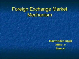 Foreign Exchange Market
       Mechanism




               Harwinder singh
                  MBA- 1st
                   Sem 2nd
 