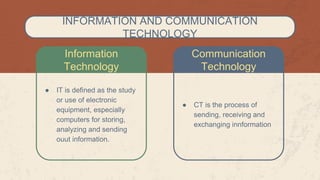 INFORMATION AND COMMUNICATION
TECHNOLOGY
Information
Technology
Communication
Technology
● IT is defined as the study
or use of electronic
equipment, especially
computers for storing,
analyzing and sending
ouut information.
● CT is the process of
sending, receiving and
exchanging innformation
 