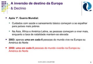 A inversão de destino da Europa & Declínio Após 1ª. Guerra Mundial:  Cuidados com saúde e saneamento básico começam a se espalhar para países mais pobres Na Ásia, África e América Latina, as pessoas começam a viver mais, enquanto a taxa de natalidade mantem-se elevada 2003:  apenas  uma em cada 6  pessoas do mundo vive na Europa ou América do Norte 2050:   uma em cada 8  pessoas do mundo viverão na Europa ou América do Norte © 2010 JACK A. GOLDSTONE  