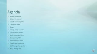 Agenda
• What is Foreign Aid
• UN and Foreign Aid
• Canada and Foreign Aid
• Corruption Index
• Budget
• Foreign Aid by Country
• Key Countries/Issues
• North Korean and Africa
• Transparency/USA
• Transparency/Canada
• Canada and Foreign Aid
• UN/Oversight Foreign Aid
• Blog – Foreign Aid
 