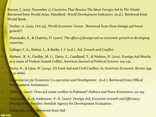 • Burton, J. (2017, December 1). Countries That Receive The Most Foreign Aid In The World.
Retrieved from World Atlas: DataBank: World Development Indicators .(n.d.). Retrieved from
World Bank:
• Dreher, A. (2015, Oct 25). World Economic Forum . Retrieved from Does foreign aid boost
growth?:
• Ekanayake, E., & Chatrna, D. (2010). The effect of foreign aid on economic growth in developing
countries.
• Gallego, F. A., Rubini, L., & Batlle, J. I. (n.d.). Aid, Growth and Conflict.
• Nielsen , R. A., Findley, M. G., Davis, Z., Candland, T., & Nielson, D. (2011). Foreign Aid Shocks
as a cause of Violent Armed Coflict. American Journal of Political Science, 219-232.
• Nunn, N., & Qian, N. (2014). US Food Aid and Civil Conflict. In American Economic Review (pp.
1630-1666).
• Organization for Economic Co-operation and Development . (n.d.). Retrieved from Offical
Development Assisstance:
• Tahir, N. (2017). Does aid cause conflict in Pakistan? Defence and Peace Economics, 112-135.
• Veiderpass, A., & Andersson, P.-Å. (2007). Foreign Aid, Economic Growth and Efficiency
Development. Sweden: Swedish Agency for Development Evaluation .
• Wikipedia. (n.d.). Retrieved from Aid:
 