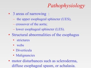 Pathophysiology
• 3 areas of narrowing :
– the upper esophageal sphincter (UES),
– crossover of the aorta;
– lower esophageal sphincter (LES).
• Structural abnormalities of the esophagus
• strictures
• webs
• Diverticula
• Malignancies
• motor disturbances such as scleroderma,
diffuse esophageal spasm, or achalasia.
 