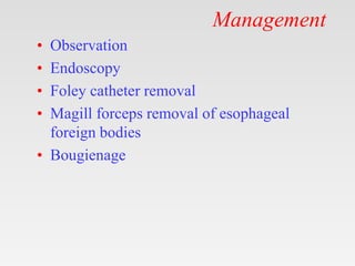 Management
• Observation
• Endoscopy
• Foley catheter removal
• Magill forceps removal of esophageal
foreign bodies
• Bougienage
 