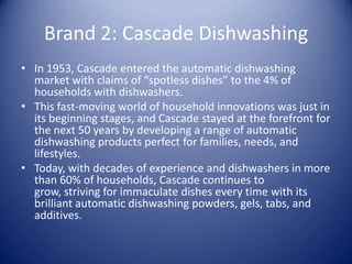 Brand 2: Cascade Dishwashing
• In 1953, Cascade entered the automatic dishwashing
  market with claims of “spotless dishes” to the 4% of
  households with dishwashers.
• This fast-moving world of household innovations was just in
  its beginning stages, and Cascade stayed at the forefront for
  the next 50 years by developing a range of automatic
  dishwashing products perfect for families, needs, and
  lifestyles.
• Today, with decades of experience and dishwashers in more
  than 60% of households, Cascade continues to
  grow, striving for immaculate dishes every time with its
  brilliant automatic dishwashing powders, gels, tabs, and
  additives.
 
