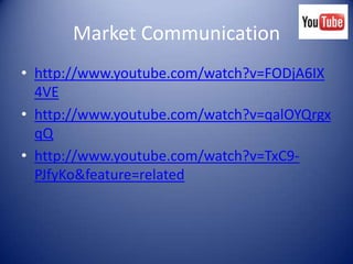Market Communication
• http://www.youtube.com/watch?v=FODjA6IX
  4VE
• http://www.youtube.com/watch?v=qalOYQrgx
  qQ
• http://www.youtube.com/watch?v=TxC9-
  PJfyKo&feature=related
 