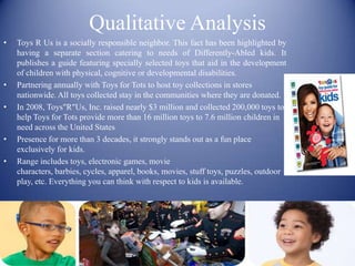 Qualitative Analysis
•   Toys R Us is a socially responsible neighbor. This fact has been highlighted by
    having a separate section catering to needs of Differently-Abled kids. It
    publishes a guide featuring specially selected toys that aid in the development
    of children with physical, cognitive or developmental disabilities.
•   Partnering annually with Toys for Tots to host toy collections in stores
    nationwide. All toys collected stay in the communities where they are donated.
•   In 2008, Toys"R"Us, Inc. raised nearly $3 million and collected 200,000 toys to
    help Toys for Tots provide more than 16 million toys to 7.6 million children in
    need across the United States
•   Presence for more than 3 decades, it strongly stands out as a fun place
    exclusively for kids.
•   Range includes toys, electronic games, movie
    characters, barbies, cycles, apparel, books, movies, stuff toys, puzzles, outdoor
    play, etc. Everything you can think with respect to kids is available.
 