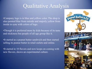 Qualitative Analysis

•Company logo is in blue and yellow color. The shop is
also painted blue from outside and majorly yellow from
inside in sync with colors of logo.

•Though it is preferred more by kids because of its taste
and stickiness but people of all age group like it.

•It started as a peanut butter sandwich and then started
selling its peanut butter in retail outlets and online.

•It started in 10 flavors and now keeps on coming with
new flavors, shows an experimental culture.
 