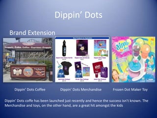 Dippin’ Dots
  Brand Extension




      Dippin’ Dots Coffee         Dippin’ Dots Merchandise         Frozen Dot Maker Toy

Dippin’ Dots coffe has been launched just recently and hence the success isn’t known. The
Merchandise and toys, on the other hand, are a great hit amongst the kids
 