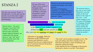 STANZA 2
Then you are writing home. The voice in your head
recites the letter in a local dialect; behind that
is the sound of your mother singing to you,
all that time ago, and now you do not know
why your eyes are watering and what’s the word for this.
The use of the word
“home” gives a sense of
belonging which
contrasts to the use of
“dwelling” to describe
the persona’s current
residence an almost
temporary place.
Reinforces the divide between the
external and internal voice of the
persona.
The sense of belonging is
reinforced, as a dialect belongs to
a specific geographical area and
hence provides a connection to the
persona’s “home”.
The pronoun refers to
the voice in one’s head.
Behind the voice that
speaks (in the local
dialect) is the origin of
this voice - “your
mother singing to you”
The sense of belonging
to a language oriented
culture comes from
family and the first
experience with words
and hence the persona
recalls the mother’s
singing
Internal rhyme - The native
language is associated with
comfort. The connections
between place and family
despite a physical distance are
reinforced by the internal
rhyme of “ago” and “know”
that structurally mirror this
strong connection.
“The word” can be termed as nostalgia or love. The
tears and sadness stem from a feeling of loss of
both home and family, a sense of loneliness and
alienation without the family.
It also signifies the loss of language as the persona
barely gets a chance to use their “local dialect”
Alliteration of ‘w’ sound - While the
alliteration creates connection and
cohesion each alliterative word is
separated from the next emphasising the
loss of connection between the persona,
her family and home
The only way to access “home” is
through letters. It is the only time the
persona can use their native tongue
and hence feel a sense of comfort
and belonging.
 
