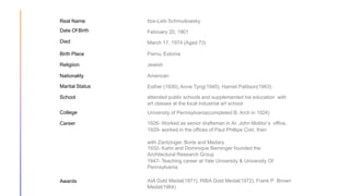 Real Name
Date Of Birth
Died
Itze-Leib Schmuilowsky
February 20, 1901
March 17, 1974 (Aged 73)
Birth Place
Religiion
Parnu, Estonia
Jewish
Nationality
Marital Status
School
American
Esther (1930), Anne Tyng(1945), Harriet Pattison(1963)
attended public schools and supplemented his education with
art classes at the local industrial art school
College
Career
University of Pennsylvania(completed B. Arch in 1924)
1926- Worked as senior draftsman in Ar. John Molitor’s office,
1929- worked in the offices of Paul Phillipe Cret, then
with Zantzinger, Borie and Medary
1932- Kahn and Dominique Berninger founded the
Architectural Research Group
1947- Teaching career at Yale University & University Of
Pennsylvania
Awards AIA Gold Medal(1971), RIBA Gold Medal(1972), Frank P Brown
Medal(1964)
 