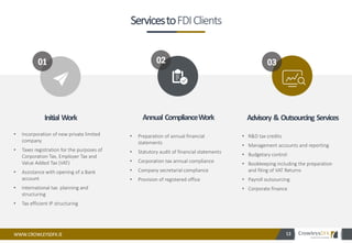 WWW.CROWLEYSDFK.IE
Initial Work
• Incorporation of new private limited
company
• Taxes registration for the purposes of
Corporation Tax, Employer Tax and
Value Added Tax (VAT)
• Assistance with opening of a Bank
account
• International tax planning and
structuring
• Tax efficient IP structuring
Annual ComplianceWork Advisory & Outsourcing Services
• Preparation of annual financial
statements
• Statutory audit of financial statements
• Corporation tax annual compliance
• Company secretarial compliance
• Provision of registered office
• R&D tax credits
• Management accounts and reporting
• Budgetary control
• Bookkeeping including the preparation
and filing of VAT Returns
• Payroll outsourcing
• Corporate finance
13
ServicestoFDIClients
01 02 03
 