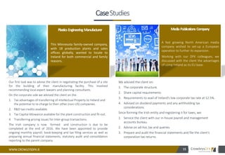 WWW.CROWLEYSDFK.IE
Portfolio
Our first task was to advise the client in negotiating the purchase of a site
for the building of their manufacturing facility. This involved
recommending local expert lawyers and planning consultants.
On the corporate side we advised the client on the:
1. Tax advantages of transferring of Intellectual Property to Ireland and
the potential to re-charge to their other (non-US) companies.
2. R&D tax credits available.
3. Tax Capital Allowance available for the plant construction and fit-out.
4. Transferring pricing issues for inter-group transactions.
The Irish company is now formed and construction is due to be
completed at the end of 2016. We have been appointed to provide
ongoing monthly payroll, book-keeping and tax filing services as well as
preparing annual financial statements, statutory audit and consolidation
reporting to the parent company.
15
This Minnesota family-owned company,
with 18 production plants and sales
offices globally, wanted to locate to
Ireland for both commercial and family
reasons.
PlasticsEngineeringManufacturer
We advised the client on:
1. The corporate structure.
2. Share capital requirements.
3. Requirements to avail of Ireland’s low corporate tax rate at 12.5%.
4. Advised on dividend payments and any withholding tax
considerations.
Since forming the Irish entity and registering it for taxes, we:
1. Service the client with our in-house payroll and management
accounts bureau.
2. Advise on ad-hoc tax and queries.
3. Prepare and audit the financial statements and file the client’s
corporation tax returns.
A fast growing North American media
company wished to set-up a European
operation to further its expansion.
Working with our DFK colleagues, we
discussed with the client the advantages
of using Ireland as its EU base.
MediaPublications Company
CaseStudies
 