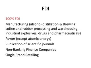 FDI
100% FDI
Manufacturing (alcohol-distillation & Brewing,
coffee and rubber processing and warehousing,
industrial explo...