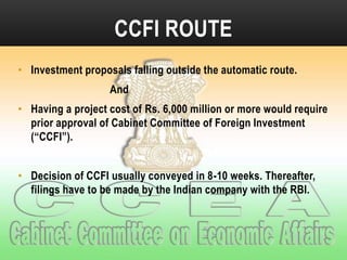 CCFI ROUTE
• Investment proposals falling outside the automatic route.
And
• Having a project cost of Rs. 6,000 million or more would require
prior approval of Cabinet Committee of Foreign Investment
(“CCFI”).
• Decision of CCFI usually conveyed in 8-10 weeks. Thereafter,
filings have to be made by the Indian company with the RBI.

 