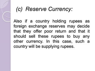(c) Reserve Currency:
Also if a country holding rupees as
foreign exchange reserves may decide
that they offer poor return and that it
should sell these rupees to buy any
other currency. In this case, such a
country will be supplying rupees.
 