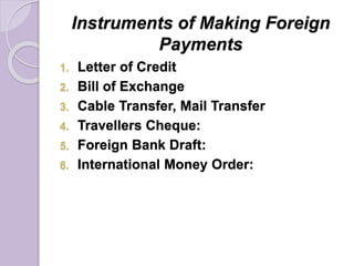 Instruments of Making Foreign
Payments
1. Letter of Credit
2. Bill of Exchange
3. Cable Transfer, Mail Transfer
4. Travellers Cheque:
5. Foreign Bank Draft:
6. International Money Order:
 