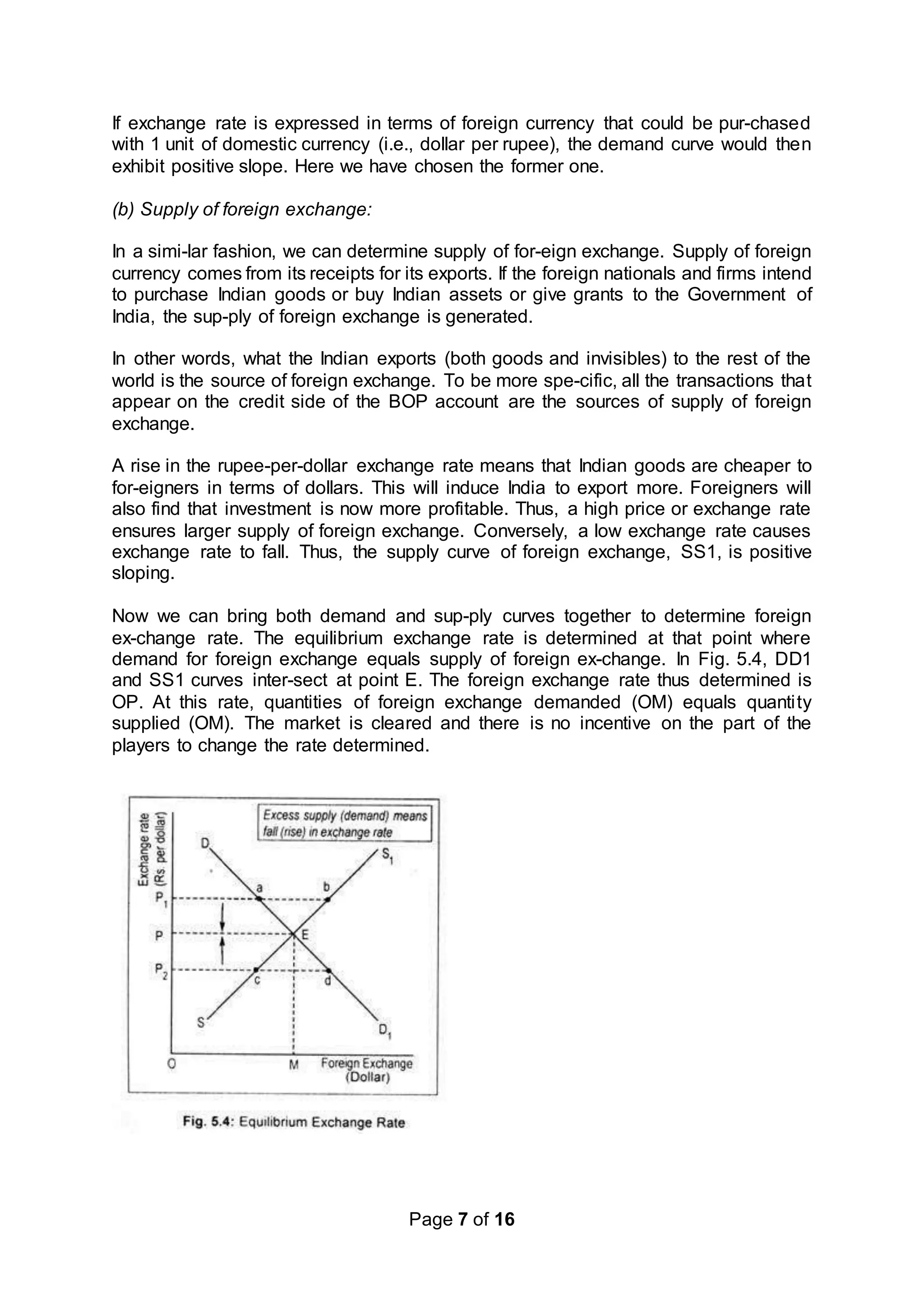 Page 7 of 16
If exchange rate is expressed in terms of foreign currency that could be pur-chased
with 1 unit of domestic currency (i.e., dollar per rupee), the demand curve would then
exhibit positive slope. Here we have chosen the former one.
(b) Supply of foreign exchange:
In a simi-lar fashion, we can determine supply of for-eign exchange. Supply of foreign
currency comes from its receipts for its exports. If the foreign nationals and firms intend
to purchase Indian goods or buy Indian assets or give grants to the Government of
India, the sup-ply of foreign exchange is generated.
In other words, what the Indian exports (both goods and invisibles) to the rest of the
world is the source of foreign exchange. To be more spe-cific, all the transactions that
appear on the credit side of the BOP account are the sources of supply of foreign
exchange.
A rise in the rupee-per-dollar exchange rate means that Indian goods are cheaper to
for-eigners in terms of dollars. This will induce India to export more. Foreigners will
also find that investment is now more profitable. Thus, a high price or exchange rate
ensures larger supply of foreign exchange. Conversely, a low exchange rate causes
exchange rate to fall. Thus, the supply curve of foreign exchange, SS1, is positive
sloping.
Now we can bring both demand and sup-ply curves together to determine foreign
ex-change rate. The equilibrium exchange rate is determined at that point where
demand for foreign exchange equals supply of foreign ex-change. In Fig. 5.4, DD1
and SS1 curves inter-sect at point E. The foreign exchange rate thus determined is
OP. At this rate, quantities of foreign exchange demanded (OM) equals quantity
supplied (OM). The market is cleared and there is no incentive on the part of the
players to change the rate determined.
 