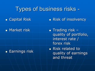 Types of business risks -
Capital Risk     Risk of insolvency

Market risk      Trading risk –
                 quality of portfolio,
                 interest rate /
                 forex risk
                 Risk related to
Earnings risk    quality of earnings
                 and threat
 