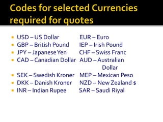 Codes for selected Currenciesrequired for quotesUSD – US Dollar                EUR – EuroGBP – British Pound        IEP – Irish Pound JPY – Japanese Yen          CHF – Swiss FrancCAD – Canadian Dollar   AUD – Australian                    					         DollarSEK – Swedish Kroner    MEP – Mexican PesoDKK – Danish Kroner      NZD – New Zealand $INR – Indian Rupee          SAR – Saudi Riyal