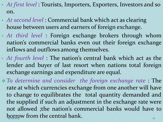 • At first level : Tourists, Importers, Exporters, Investors and so
on.
• At second level : Commercial bank which act as clearing
house between users and earners of foreign exchange.
• At third level : Foreign exchange brokers through whom
nation’s commercial banks even out their foreign exchange
inflows and outflows among themselves.
• At fourth level : The nation’s central bank which act as the
lender and buyer of last resort when nations total foreign
exchange earnings and expenditure are equal.
 To determine and consider the foreign exchange rate : The
rate at which currencies exchange from one another will have
to change to equilibrates the total quantity demanded and
the supplied if such an adjustment in the exchange rate were
not allowed ;the nation’s commercial banks would have to
borrow from the central bank.9/24/2013 12
 