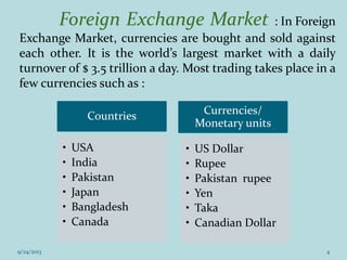 Foreign Exchange Market : In Foreign
Exchange Market, currencies are bought and sold against
each other. It is the world’s largest market with a daily
turnover of $ 3.5 trillion a day. Most trading takes place in a
few currencies such as :
Countries
• USA
• India
• Pakistan
• Japan
• Bangladesh
• Canada
Currencies/
Monetary units
• US Dollar
• Rupee
• Pakistan rupee
• Yen
• Taka
• Canadian Dollar
9/24/2013 4
 