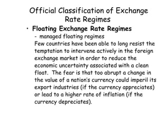 Official Classification of Exchange
Rate Regimes

• Floating Exchange Rate Regimes

- managed floating regimes
Few countries have been able to long resist the
temptation to intervene actively in the foreign
exchange market in order to reduce the
economic uncertainty associated with a clean
float. The fear is that too abrupt a change in
the value of a nation’s currency could imperil its
export industries (if the currency appreciates)
or lead to a higher rate of inflation (if the
currency depreciates).

 