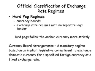 Official Classification of Exchange
Rate Regimes

• Hard Peg Regimes

- currency boards
- exchange rate regimes with no separate legal
tender
Hard pegs follow the anchor currency more strictly.

Currency Board Arrangements – A monetary regime
based on an implicit legislative commitment to exchange
domestic currency for a specified foreign currency at a
fixed exchange rate.

 