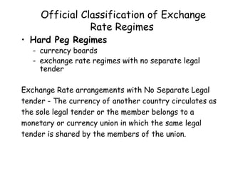 Official Classification of Exchange
Rate Regimes

• Hard Peg Regimes

- currency boards
- exchange rate regimes with no separate legal
tender

Exchange Rate arrangements with No Separate Legal
tender - The currency of another country circulates as
the sole legal tender or the member belongs to a
monetary or currency union in which the same legal
tender is shared by the members of the union.

 