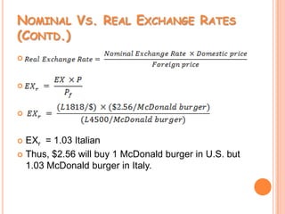 Nominal Vs. Real Exchange Rates (Contd.)EXr 	= 1.03 ItalianThus, $2.56 will buy 1 McDonald burger in U.S. but 1.03 McDonald burger in Italy.