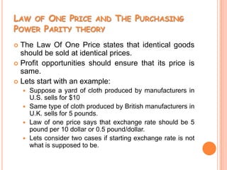 At future date, actual exchange takes place at rate known as forward rate.Determining Long Run Exchange RatesWe will look at four key factors that account for long-run trends in the supply of and demand for currencies in the foreign exchange markets:Price level differences.