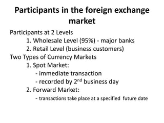 Participants in the foreign exchange
market
Participants at 2 Levels
1. Wholesale Level (95%) - major banks
2. Retail Level (business customers)
Two Types of Currency Markets
1. Spot Market:
- immediate transaction
- recorded by 2nd business day
2. Forward Market:
- transactions take place at a specified future date
 