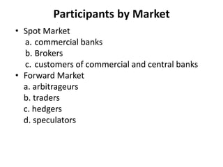 Participants by Market
• Spot Market
a. commercial banks
b. Brokers
c. customers of commercial and central banks
• Forward Market
a. arbitrageurs
b. traders
c. hedgers
d. speculators
 