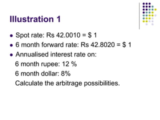 Illustration 1





Spot rate: Rs 42.0010 = $ 1
6 month forward rate: Rs 42.8020 = $ 1
Annualised interest rate on:
6 month rupee: 12 %
6 month dollar: 8%
Calculate the arbitrage possibilities.

 