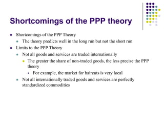 Shortcomings of the PPP theory




Shortcomings of the PPP Theory
 The theory predicts well in the long run but not the short run
Limits to the PPP Theory
 Not all goods and services are traded internationally
 The greater the share of non-traded goods, the less precise the PPP
theory
 For example, the market for haircuts is very local
 Not all internationally traded goods and services are perfectly
standardized commodities

 