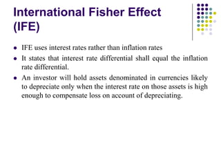 International Fisher Effect
(IFE)





IFE uses interest rates rather than inflation rates
It states that interest rate differential shall equal the inflation
rate differential.
An investor will hold assets denominated in currencies likely
to depreciate only when the interest rate on those assets is high
enough to compensate loss on account of depreciating.

 