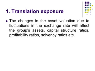 1. Translation exposure


The changes in the asset valuation due to
fluctuations in the exchange rate will affect
the group’s assets, capital structure ratios,
profitability ratios, solvency ratios etc.

 