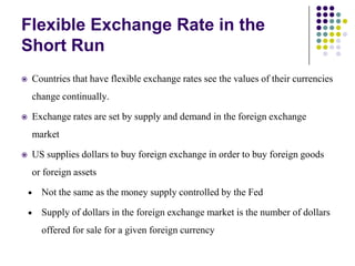 Flexible Exchange Rate in the
Short Run
Countries that have flexible exchange rates see the values of their currencies



change continually.

Exchange rates are set by supply and demand in the foreign exchange



market
US supplies dollars to buy foreign exchange in order to buy foreign goods



or foreign assets


Not the same as the money supply controlled by the Fed



Supply of dollars in the foreign exchange market is the number of dollars
offered for sale for a given foreign currency

 