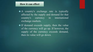 How it can effect 
A country's exchange rate is typically 
affected by the supply and demand for that 
country's currency in international 
exchange markets. 
 If demand exceeds supply, then the value 
of the currency will go up. If however, the 
supply of the currency exceeds demand, 
then its value will go down. 
 