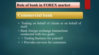 Role of bank in FOREX market 
Commercial bank 
• Trading on behalf of clients or on behalf of 
itself. 
• Bank foreign exchange transactions 
conducted with two goals: 
• + Trading business for yourself 
• + Provides services for customers 
 