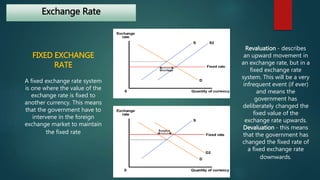 Exchange Rate 
FIXED EXCHANGE 
RATE 
A fixed exchange rate system 
is one where the value of the 
exchange rate is fixed to 
another currency. This means 
that the government have to 
intervene in the foreign 
exchange market to maintain 
the fixed rate 
Revaluation - describes 
an upward movement in 
an exchange rate, but in a 
fixed exchange rate 
system. This will be a very 
infrequent event (if ever) 
and means the 
government has 
deliberately changed the 
fixed value of the 
exchange rate upwards. 
Devaluation - this means 
that the government has 
changed the fixed rate of 
a fixed exchange rate 
downwards. 
 