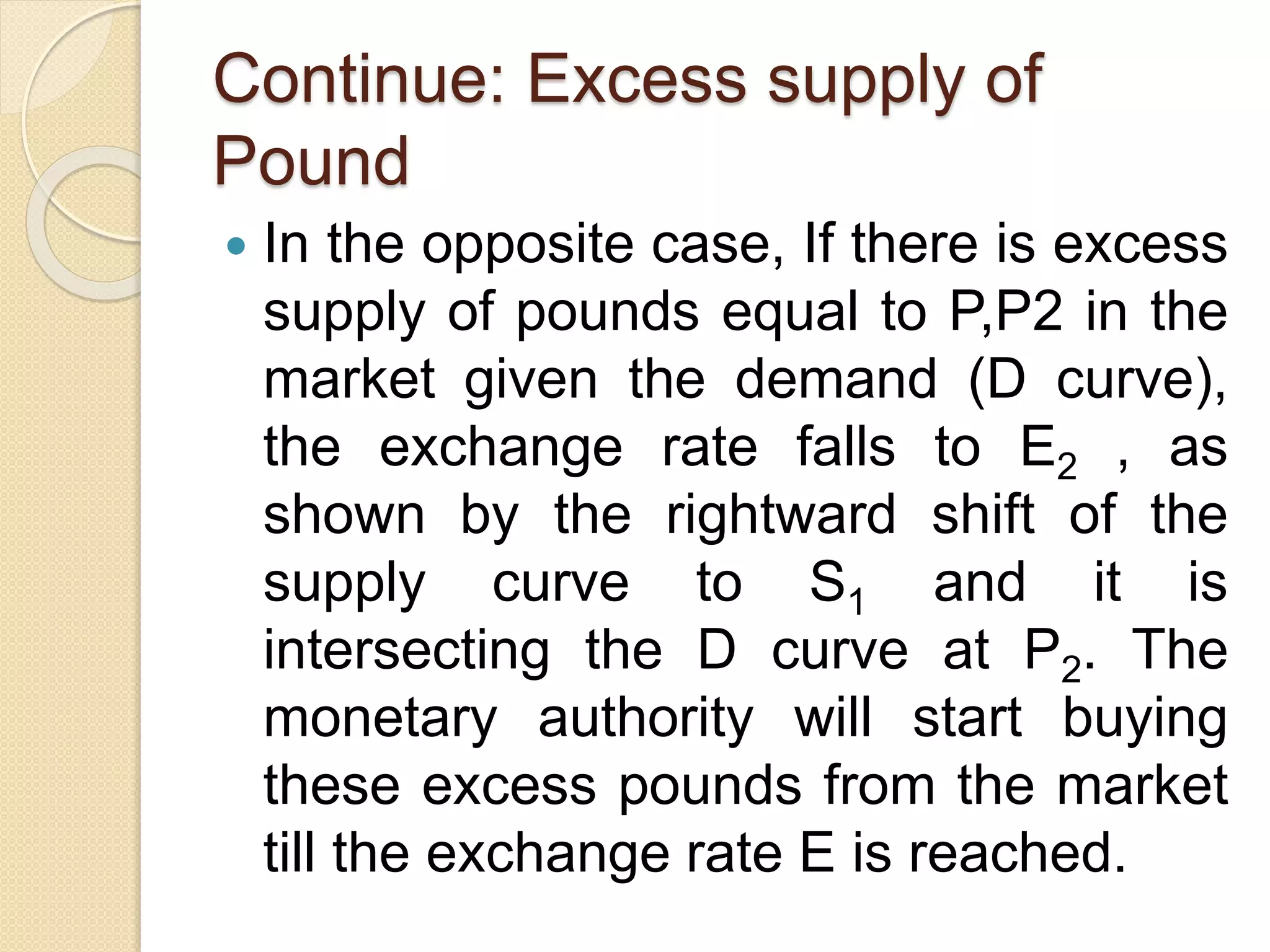 Continue: Excess supply of
Pound
 In the opposite case, If there is excess
supply of pounds equal to P,P2 in the
market given the demand (D curve),
the exchange rate falls to E2 , as
shown by the rightward shift of the
supply curve to S1 and it is
intersecting the D curve at P2. The
monetary authority will start buying
these excess pounds from the market
till the exchange rate E is reached.
 