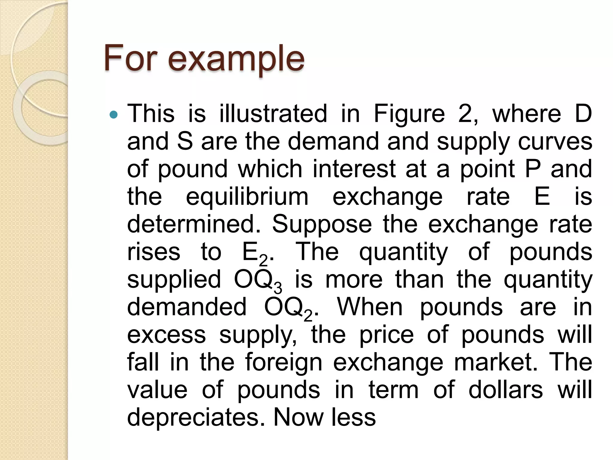 For example
 This is illustrated in Figure 2, where D
and S are the demand and supply curves
of pound which interest at a point P and
the equilibrium exchange rate E is
determined. Suppose the exchange rate
rises to E2. The quantity of pounds
supplied OQ3 is more than the quantity
demanded OQ2. When pounds are in
excess supply, the price of pounds will
fall in the foreign exchange market. The
value of pounds in term of dollars will
depreciates. Now less
 